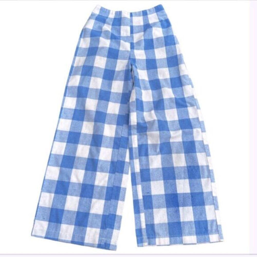 Vintage Blue Gingham Wide Leg Pants XS Small Cottagecore Shabby Chic Retro Style